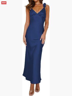 Satin Midi Dress with Spaghetti Straps, V-Neck, Backless Formal